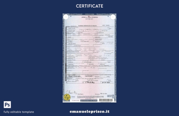 modello di certificato di morte della Florida dello stato USA in stile verificat